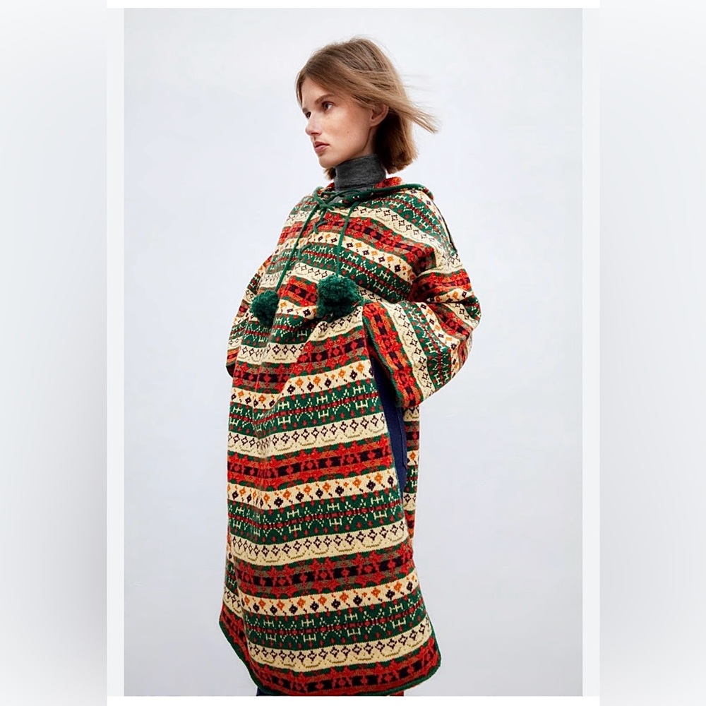 ZARA Nordic Colorful Hooded Poncho with Tassels